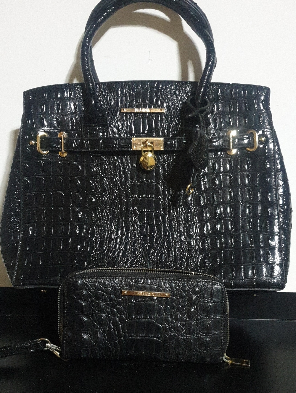 Brahmin Black Croc-Embossed Satchel with Matching Wallet